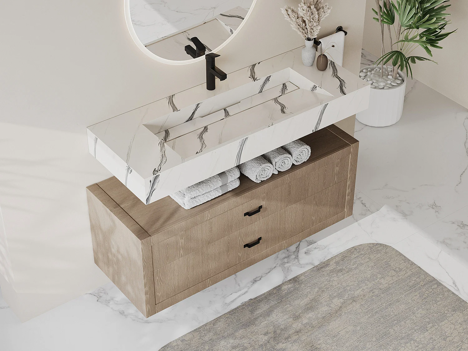 Hangende solid surface wastafel in wit marmer effect TAKOTNA - L.120.2 x B.45.2 x H.8 cm