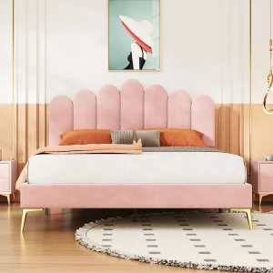 Gestoffeerd bed 140 x 200 cm met hoofdeinde – Fluweel – Metalen poten – Lattenbodem – Roze Gestoffeerd bed 140 x 200 cm met hoofdeinde – Fluweel – Metalen poten – Lattenbodem – Roze