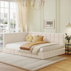 Gestoffeerd bed 140 x 200 cm met hoofdeinde – Fluweel – Slaapbank – Lattenbodem – Beige Gestoffeerd bed 140 x 200 cm met hoofdeinde – Fluweel – Slaapbank – Lattenbodem – Beige