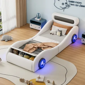 Gestoffeerd bed 90 x 200 cm in de vorm van een auto – lichtgevende wielen – PU leer – Lattenbodem – Wit (zonder matras)