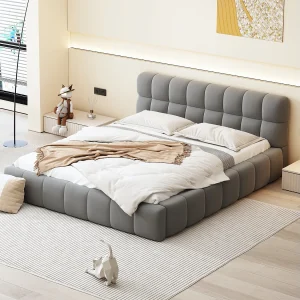 Gestoffeerd bed 140 x 190 cm met zacht hoofdbord – Linnenstof – Lattenbodem – Grijs (Zonder matras) Gestoffeerd bed 140 x 190 cm met zacht hoofdbord – Linnenstof – Lattenbodem – Grijs (Zonder matras)