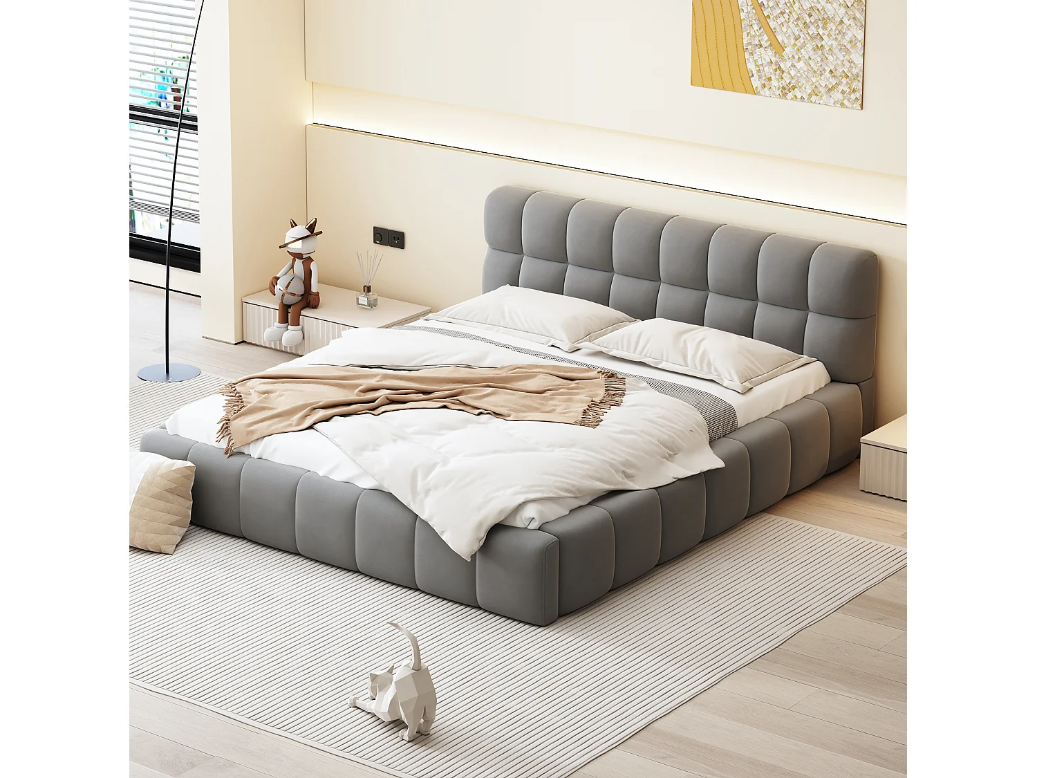 Gestoffeerd bed 140 x 190 cm met zacht hoofdbord - Linnenstof - Lattenbodem - Grijs (Zonder matras)