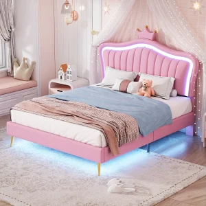 Gestoffeerd bed 140 x 200 cm met kroonvormig hoofdeinde – PU leer – LED's – Roze (Zonder matras) Gestoffeerd bed 140 x 200 cm met kroonvormig hoofdeinde – PU leer – LED's – Roze (Zonder matras)