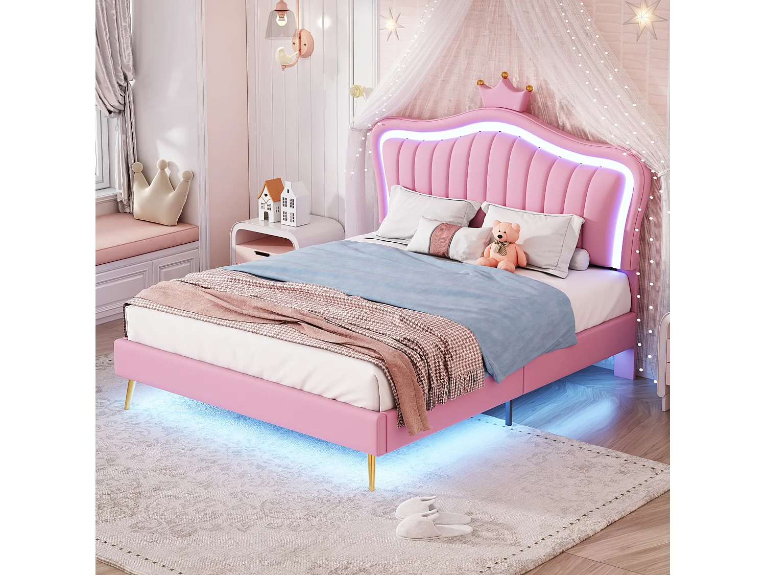 Gestoffeerd bed 140 x 200 cm met kroonvormig hoofdeinde - PU leer - LED's - Roze (Zonder matras)