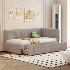 Gestoffeerd bed 90 x 200 cm met hoofdeinde en 2 lades – Fluweel – Slaapbank – Lattenbodem – Grijs