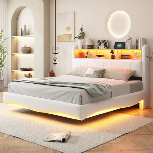 Gestoffeerd bed 160 x 200 cm met hoofdeinde – LED's, USB en TYPE-C – Linnenstof – Lattenbodem – Beige Gestoffeerd bed 160 x 200 cm met hoofdeinde – LED's, USB en TYPE-C – Linnenstof – Lattenbodem – Beige