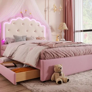 Gestoffeerd bed 140x200cm in kunstleer – met LED + 2 lades en een onderschuifbed 90x190cm – Roze Gestoffeerd bed 140x200cm in kunstleer – met LED + 2 lades en een onderschuifbed 90x190cm – Roze