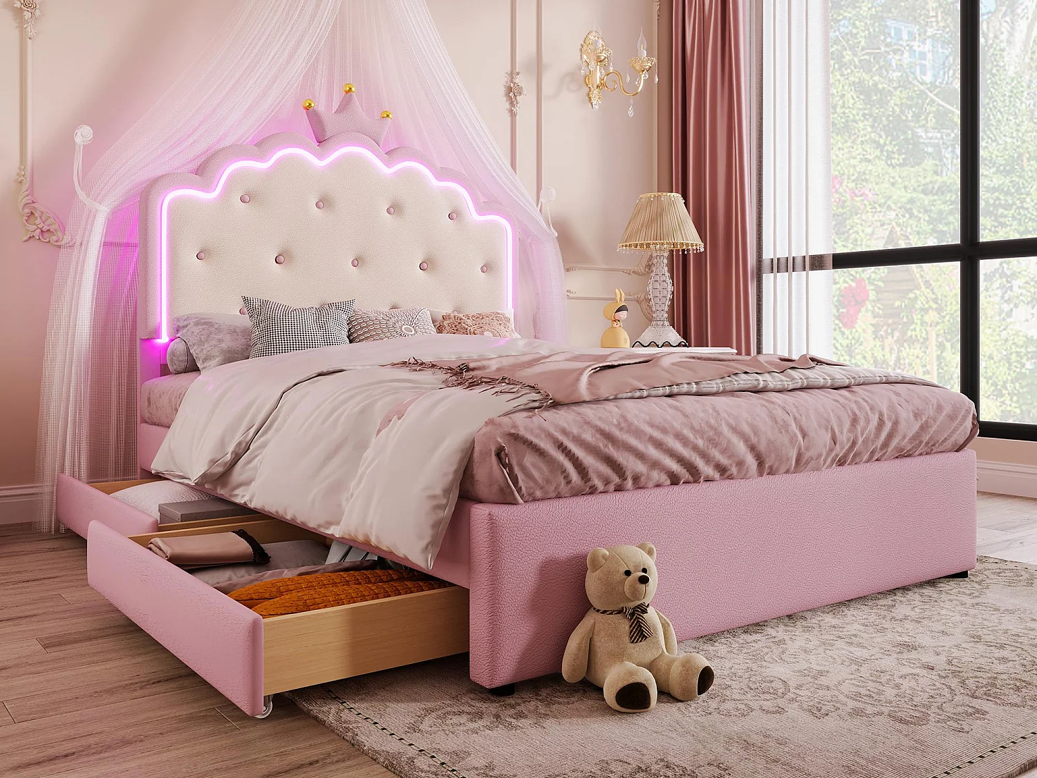Gestoffeerd bed 140x200cm in kunstleer - met LED + 2 lades en een onderschuifbed 90x190cm - Roze