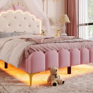 Gestoffeerd bed 140×200 cm met LED – PU leer materiaal – met lattenbodem – Roze