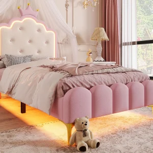 Gestoffeerd bed 90×200 cm met LED – PU leer materiaal – met lattenbodem – Roze