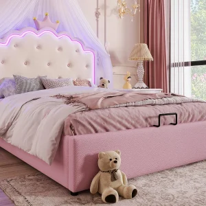 Gestoffeerd opbergbed 140×200 cm in kunstleer – met LED en lattenbodem – Roze Gestoffeerd opbergbed 140×200 cm in kunstleer – met LED en lattenbodem – Roze