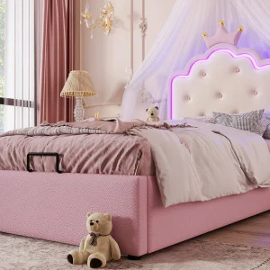 Gestoffeerd opbergbed 90×200 cm in kunstleer – met LED en lattenbodem – Roze Gestoffeerd opbergbed 90×200 cm in kunstleer – met LED en lattenbodem – Roze