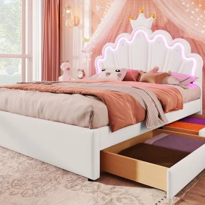 Gestoffeerd kinderbed 140×200 cm – met LED en 2 lades – Wit