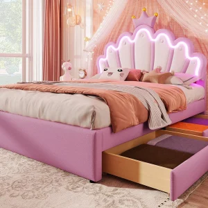 Gestoffeerd kinderbed 140×200 cm – met LED en 2 lades – Roze