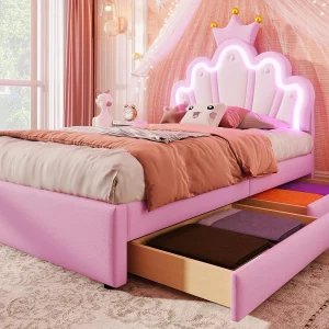 Gestoffeerd kinderbed 90×200 cm – met LED en 2 lades – Roze Gestoffeerd kinderbed 90×200 cm – met LED en 2 lades – Roze