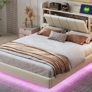 Gestoffeerd linnen bed 140×200 cm – met USB-aansluiting + LED – met metalen onderstel – Beige Gestoffeerd linnen bed 140×200 cm – met USB-aansluiting + LED – met metalen onderstel – Beige