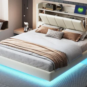 Gestoffeerd linnen bed 160×200 cm – met USB-aansluiting + LED – met metalen onderstel – Beige Gestoffeerd linnen bed 160×200 cm – met USB-aansluiting + LED – met metalen onderstel – Beige