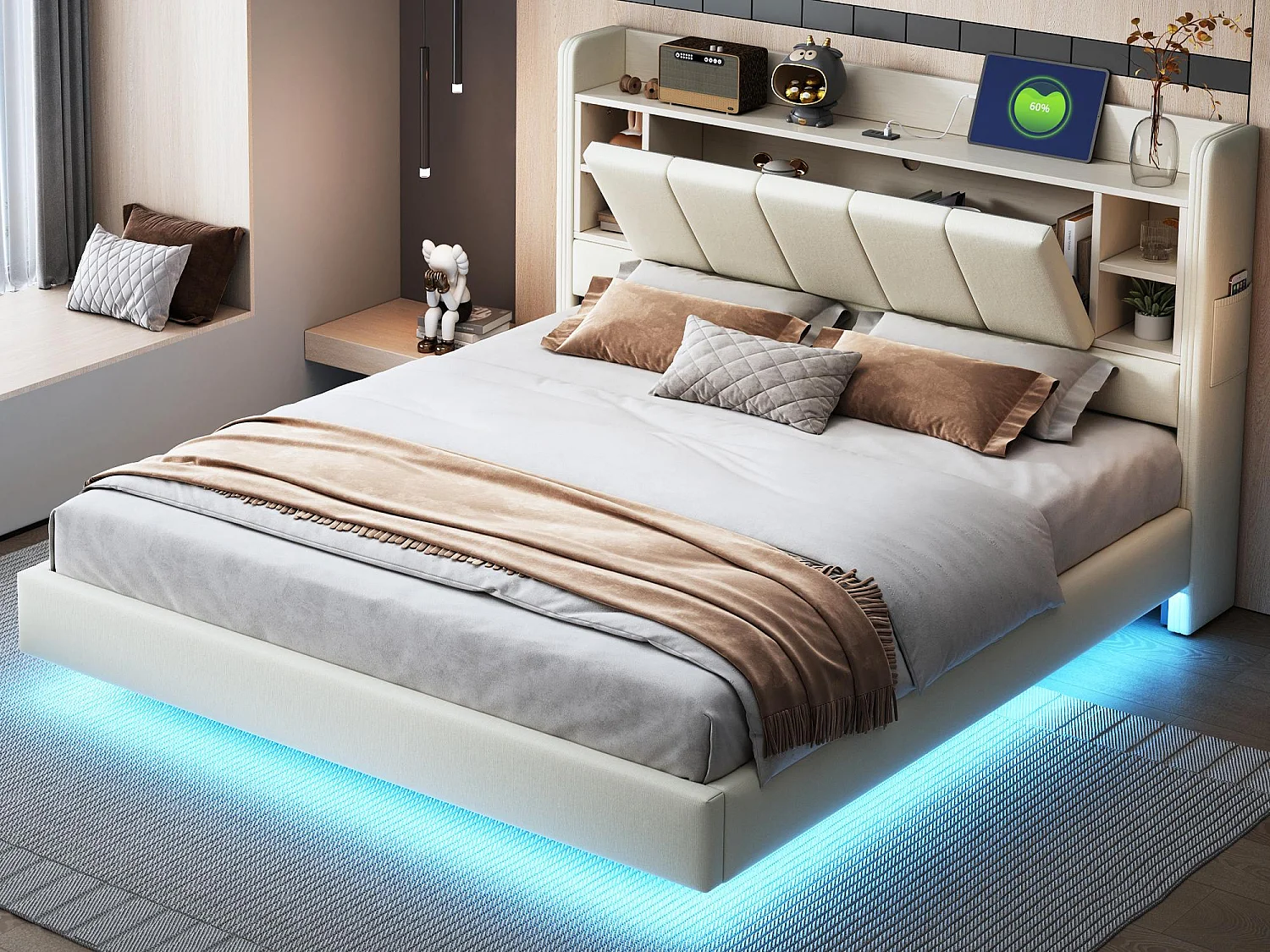 Gestoffeerd linnen bed 160x200 cm - met USB-aansluiting + LED - met metalen onderstel - Beige