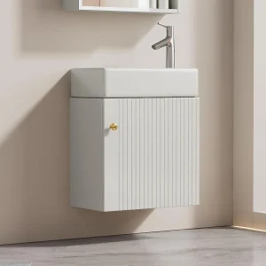 Gestreept badkamermeubel voor wandmontage met vierkante wastafel – 46 cm – Wit (kraan niet inbegrepen) Gestreept badkamermeubel voor wandmontage met vierkante wastafel – 46 cm – Wit (kraan niet inbegrepen)