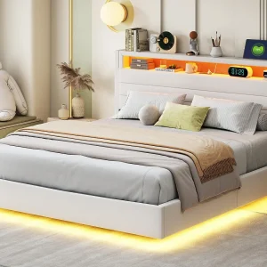 Gestoffeerd linnenopbergbed 160×200 cm – met USB-aansluiting en LED – Beige Gestoffeerd linnenopbergbed 160×200 cm – met USB-aansluiting en LED – Beige