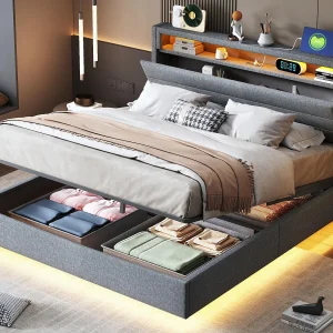Gestoffeerd linnenopbergbed 140×200 cm – met USB-aansluiting en LED – Grijs Gestoffeerd linnenopbergbed 140×200 cm – met USB-aansluiting en LED – Grijs