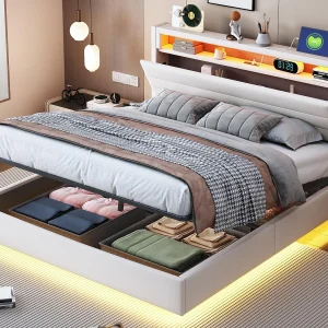 Gestoffeerd linnenopbergbed 140×200 cm – met USB-aansluiting en LED – Beige Gestoffeerd linnenopbergbed 140×200 cm – met USB-aansluiting en LED – Beige