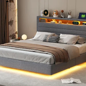 Gestoffeerd linnenopbergbed 160×200 cm – met USB-aansluiting en LED – Grijs Gestoffeerd linnenopbergbed 160×200 cm – met USB-aansluiting en LED – Grijs