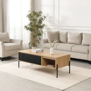 Salontafel met 1 lade en 2 nissen – Zwart en licht naturelkleurig – GLARODI Salontafel met 1 lade en 2 nissen – Zwart en licht naturelkleurig – GLARODI
