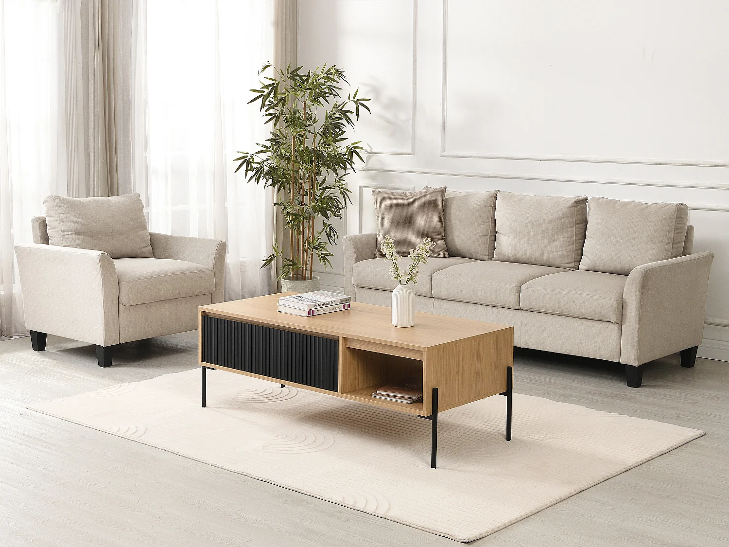 Salontafel met 1 lade en 2 nissen - Zwart en licht naturelkleurig - GLARODI