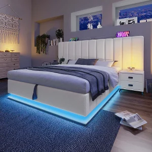 Gestoffeerd tweepersoonsbed 160 x 200 met LED-appbediening en USB-C-opladen, PU, wit, zonder hoofdbord Gestoffeerd tweepersoonsbed 160 x 200 met LED-appbediening en USB-C-opladen, PU, wit, zonder hoofdbord
