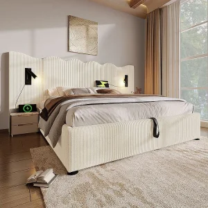 Gestoffeerd tweepersoonsbed 180 x 200 met leeslampje en USB Type-C lader, massief houten en metalen frame, beige, corduroy stof Gestoffeerd tweepersoonsbed 180 x 200 met leeslampje en USB Type-C lader, massief houten en metalen frame, beige, corduroy stof