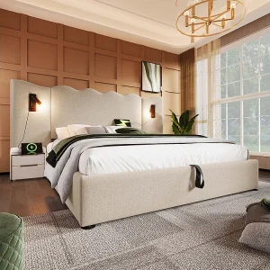Gestoffeerd tweepersoonsbed 180 x 200 met leeslampje en USB Type-C lader met massief houten frame en lattenbodem, beige, linnen Gestoffeerd tweepersoonsbed 180 x 200 met leeslampje en USB Type-C lader met massief houten frame en lattenbodem, beige, linnen