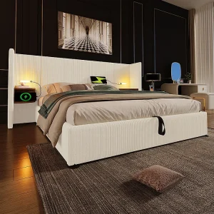 Gestoffeerd tweepersoonsbed (180 x 200) met nachtkastje, leeslampje en USB Type-C lader, beige, ribfluweel. Gestoffeerd tweepersoonsbed (180 x 200) met nachtkastje, leeslampje en USB Type-C lader, beige, ribfluweel.