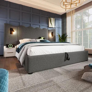 Gestoffeerd tweepersoonsbed 180 x 200 met leeslampje en USB Type-C oplader, grijs, linnen Gestoffeerd tweepersoonsbed 180 x 200 met leeslampje en USB Type-C oplader, grijs, linnen