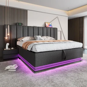 Gestoffeerd tweepersoonsbed 160 x 200 met LED-appbediening en USB-C opladen, linnen, grijs, zonder matras of hoofdbord. Gestoffeerd tweepersoonsbed 160 x 200 met LED-appbediening en USB-C opladen, linnen, grijs, zonder matras of hoofdbord.