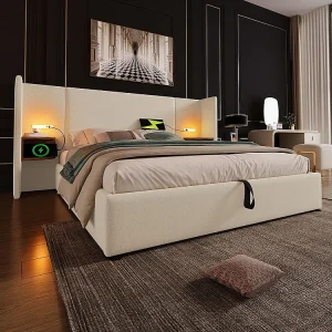 Gestoffeerd tweepersoonsbed 160 x 200 met nachtkastje, leeslampje en USB Type-C lader, beige, linnen. Gestoffeerd tweepersoonsbed 160 x 200 met nachtkastje, leeslampje en USB Type-C lader, beige, linnen.