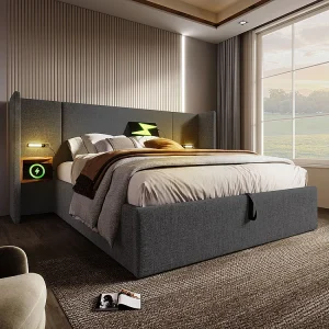 Gestoffeerd tweepersoonsbed 160 x 200 met nachtkastje, leeslampje en USB Type-C lader, grijs, linnen. Gestoffeerd tweepersoonsbed 160 x 200 met nachtkastje, leeslampje en USB Type-C lader, grijs, linnen.