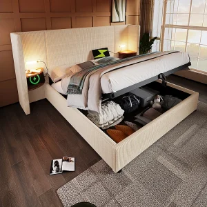 Gestoffeerd tweepersoonsbed 160 x 200 met nachtkastje, leeslampje en USB Type-C oplader, beige, ribfluweel stof. Gestoffeerd tweepersoonsbed 160 x 200 met nachtkastje, leeslampje en USB Type-C oplader, beige, ribfluweel stof.
