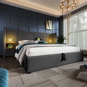 Gestoffeerd tweepersoonsbed (180 x 200) met hoofdeinde, leeslampje en USB Type-C-oplader, massief houten en metalen frame, grijs, linnen (matras niet inbegrepen). Gestoffeerd tweepersoonsbed (180 x 200) met hoofdeinde, leeslampje en USB Type-C-oplader, massief houten en metalen frame, grijs, linnen (matras niet inbegrepen).