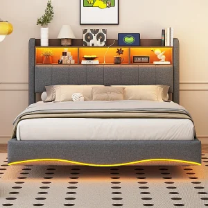 Gestoffeerd bed 140*200 in zwevend design, linnen stof, met LED-verlichting, USB- en TYPE-C-aansluiting, grijs Gestoffeerd bed 140*200 in zwevend design, linnen stof, met LED-verlichting, USB- en TYPE-C-aansluiting, grijs