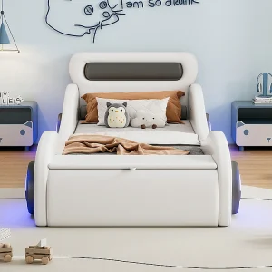 Gestoffeerd bed 90 x 200 cm, kinderbed, in de vorm van een auto met verlichte wielen en opbergruimte, PU, wit