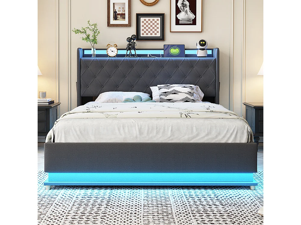 Gestoffeerd bed 140*200 cm, met USB-oplaadpoort en hydraulische kast, grijs, huidvriendelijke linnen stof