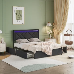 Gestoffeerd bed Tweepersoonsbed 160x200cm met 4 lades met LED en USB Gestoffeerd bed Tweepersoonsbed 160x200cm met 4 lades met LED en USB