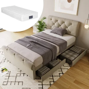 Gestoffeerd bed 90 x 200 cm met verstelbaar hoofdeinde en 2 lades – Linnen stof – Chesterfield stijl – Naturel + matras