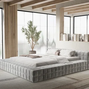 Gestoffeerd bed Nessino – 140 x 200 cm – chenillestof – lichtgrijs