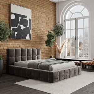 Gestoffeerd bed Kendal Dos – 180 x 200 cm – chenillestof – bruin Gestoffeerd bed Kendal Dos – 180 x 200 cm – chenillestof – bruin