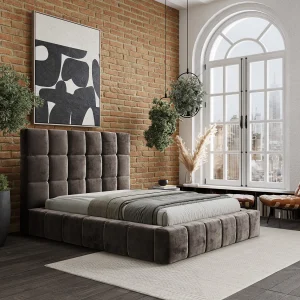 Gestoffeerd bed Kendal Tres – 160 x 200 cm – chenillestof – bruin Gestoffeerd bed Kendal Tres – 160 x 200 cm – chenillestof – bruin