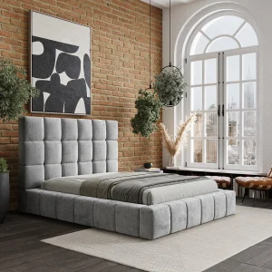 Gestoffeerd bed Kendal Tres – 200 x 200 cm – chenillestof – lichtgrijs
