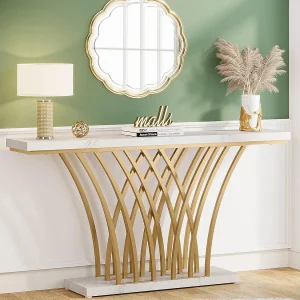 Gouden consoletafel – 150 x 29,5 x 80 cm – Modern – met metalen poot in rastervorm – voor entree, hal, entree, woonkamer (wit) Gouden consoletafel – 150 x 29,5 x 80 cm – Modern – met metalen poot in rastervorm – voor entree, hal, entree, woonkamer (wit)