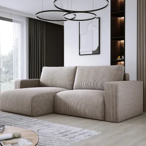 Hoekbank met slaapfunctie en opbergruimte, zachte cordstof, flexibel verstelbaar, linkeropstelling, 247x143x83 cm, cappuccino